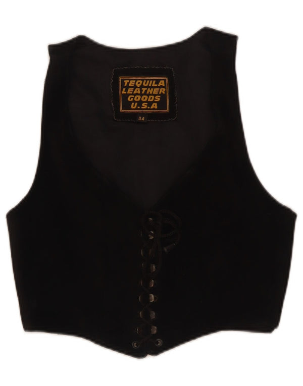 Vintage mujer crop ante chaleco EU 34 XS cuero negro