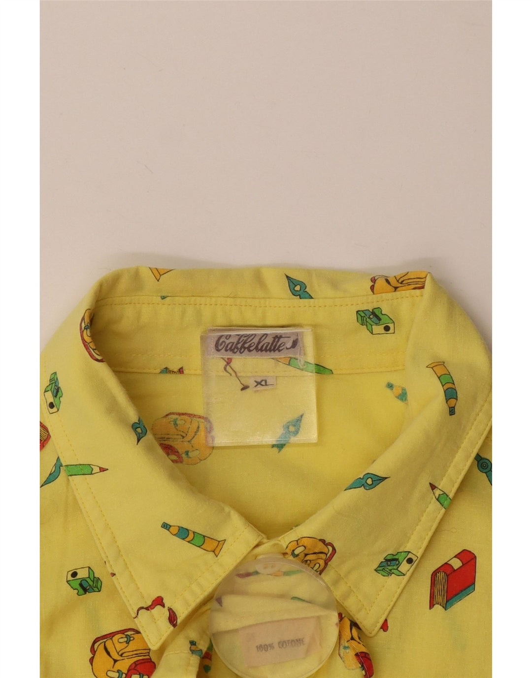 VINTAGE Camisa de manga corta con patrón abstracto para hombre XL Algodón amarillo