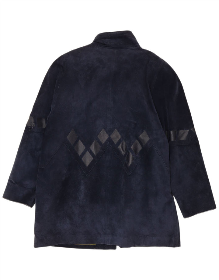 Vintage mujer oversize ante abrigo Reino Unido 14 medio azul marino geométrico
