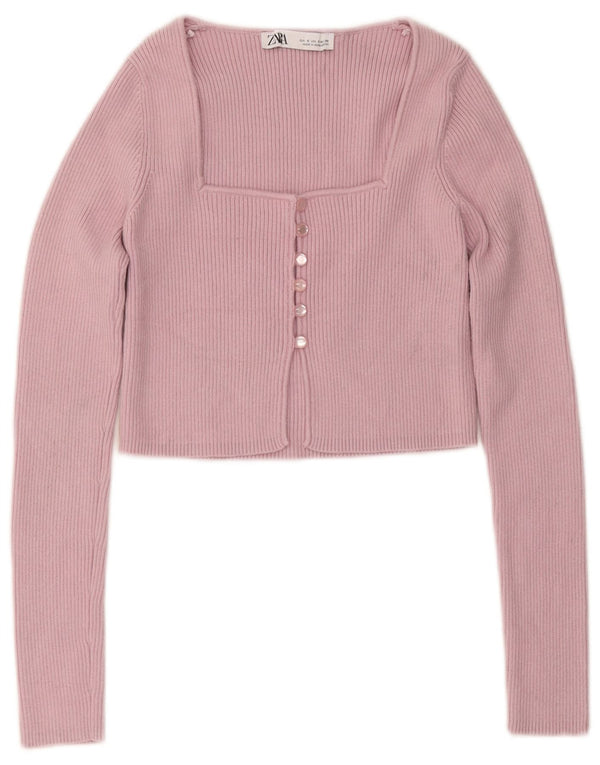 Zara Mujer Crop Cardigan Top UK 8 Pequeño Nylon Rosa
