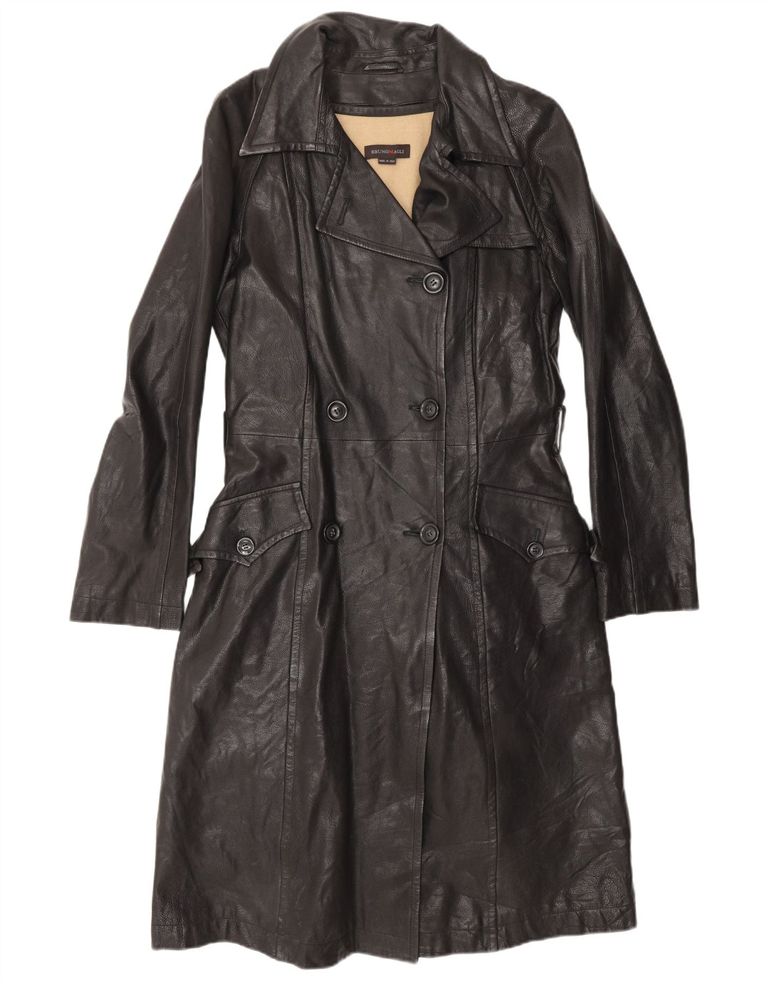Bruno Magli Abrigo de cuero con doble botonadura para mujer UK 40 Cuero negro mediano