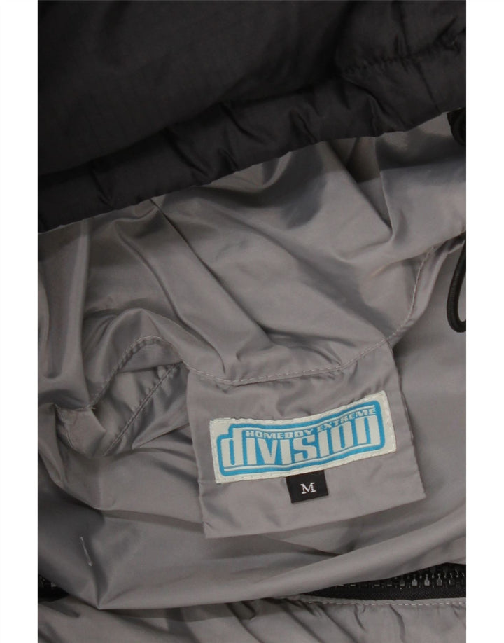 Vintage hombres gráfico suelto ajuste acolchado chaqueta Reino Unido 38 medio negro nylon