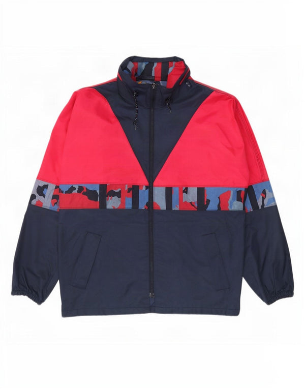 Vintage hombres con capucha chaqueta de lluvia Reino Unido 38 medio azul marino colorblock nylon