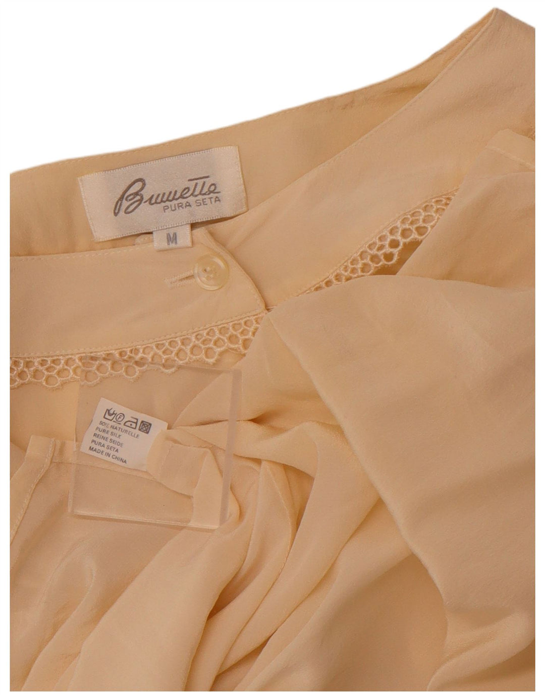 VINTAGE Mujer Ver a través de blusa camisa Reino Unido 14 Seda Beige Mediana