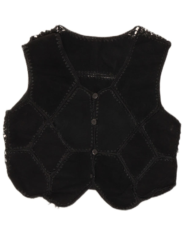 Vintage mujer crop ante chaleco Reino Unido 12 Medio Negro