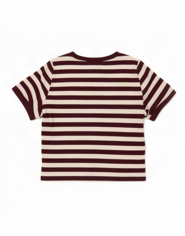 Topshop Camiseta corta para mujer UK 12 Medium Borgoña Rayas Algodón
