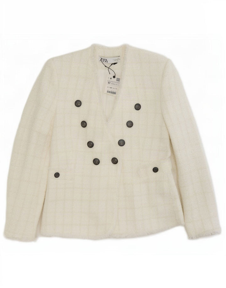 Zara Chaqueta Blazer De Doble Botonadura para Mujer UK 12 Medium White Check