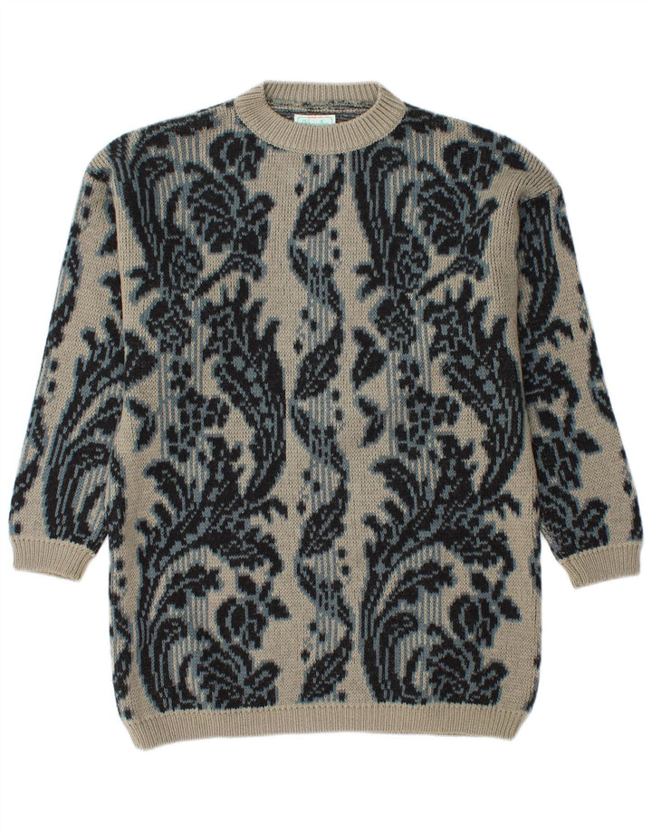 BENETTON Suéter largo con cuello redondo para hombre IT 46 Large Grey Floral