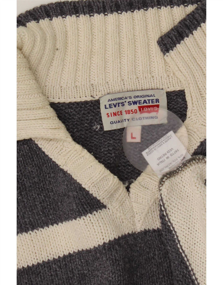 Levi's Hombre Polo Neck Jumper Sweater Grande Gris Rayas Algodón