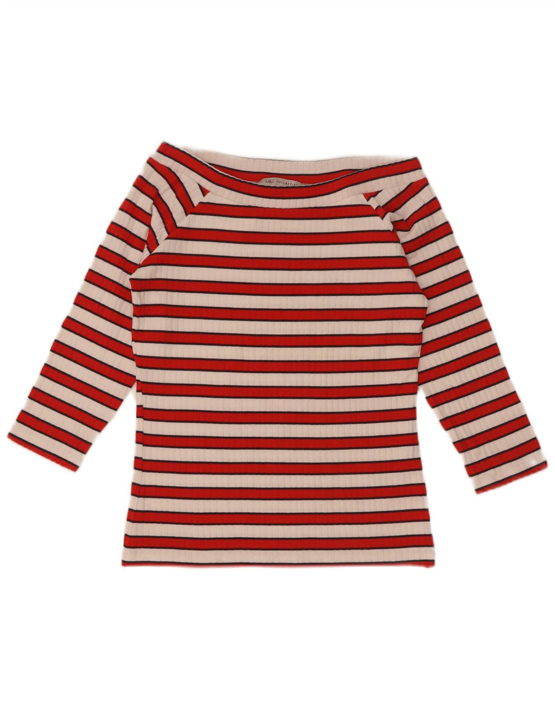 Marks & Spencer Top con hombros descubiertos para mujer, manga 3/4, talla 40, talla mediana, color rojo a rayas