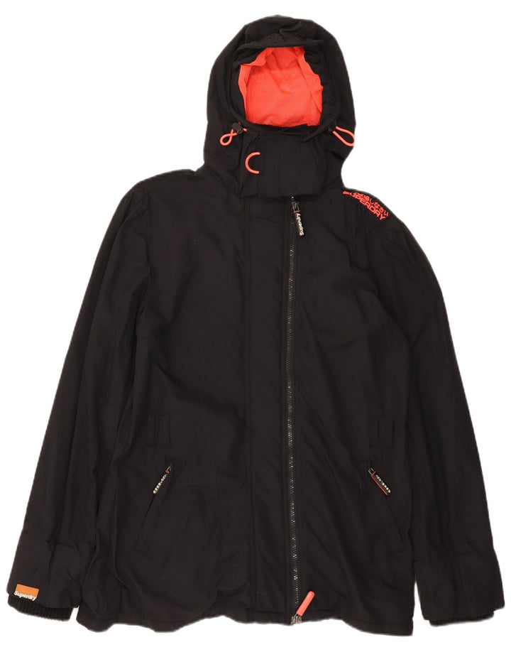 SUPERDRY Chaqueta impermeable con capucha y estampado Windmac para mujer, talla 40, talla grande, nailon negro