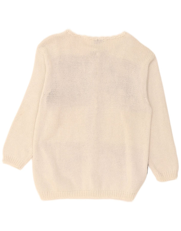 Vintage mujer gráfico cardigan suéter Reino Unido 16 grande de algodón blanco