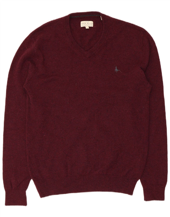 JACK WILLS Jersey con cuello en V para hombre de lana merino granate grande