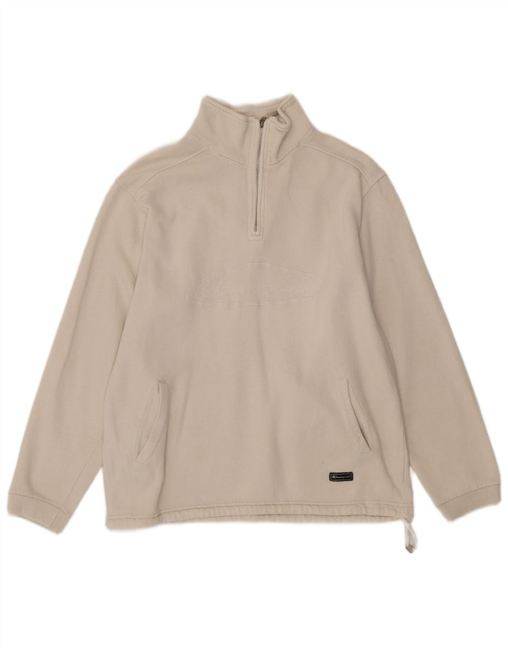 CHAMPION Mens Zip Neck Sweatshirt Jumper Small Off White Cotton