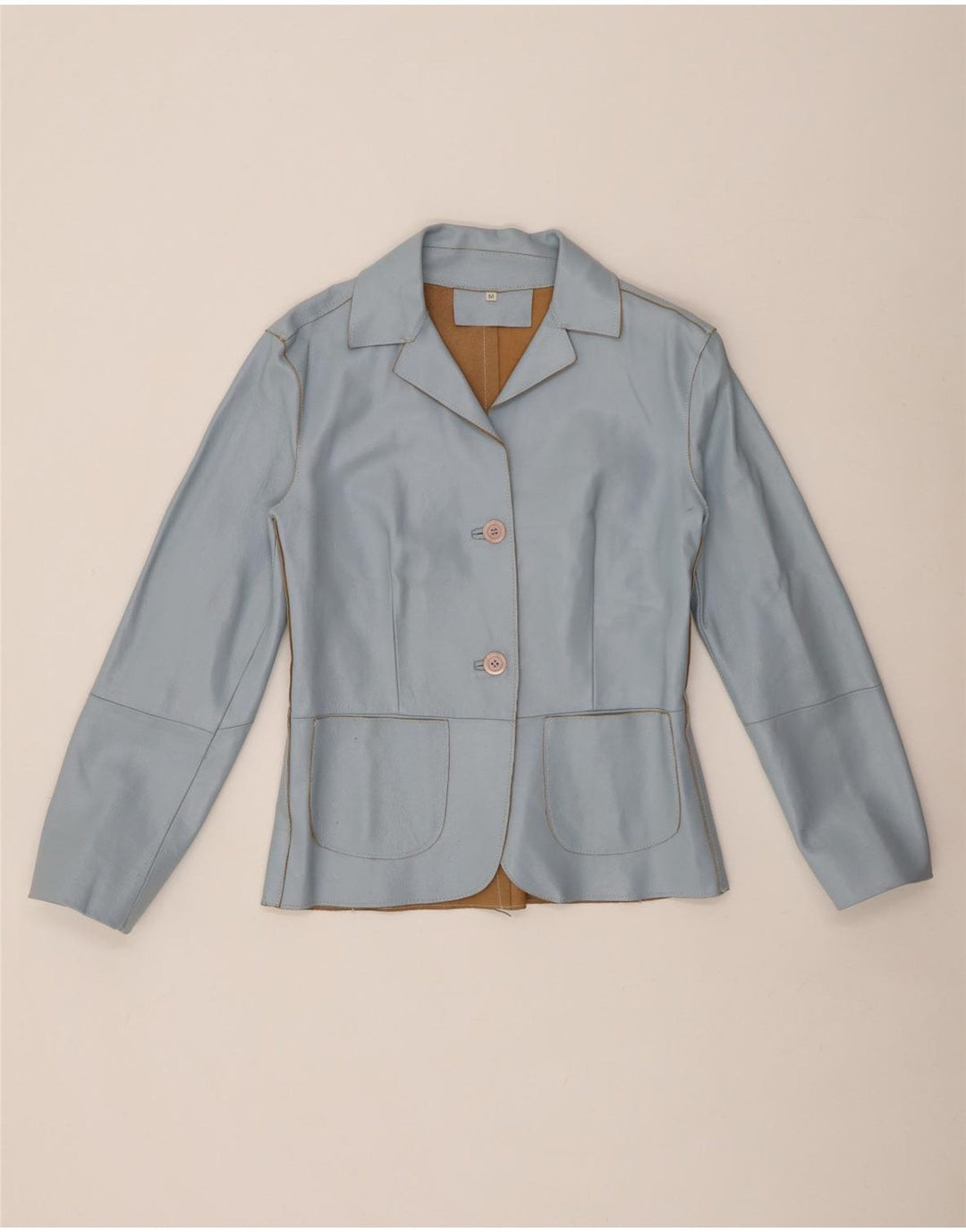 VINTAGE Mujer 2 Botones Cuero Blazer Chaqueta Reino Unido 12 Azul Medio