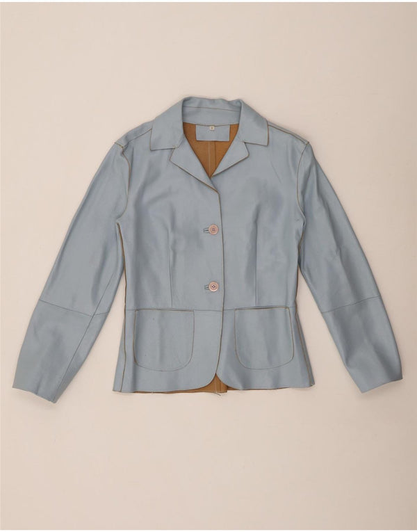 VINTAGE Mujer 2 Botones Cuero Blazer Chaqueta Reino Unido 12 Azul Medio