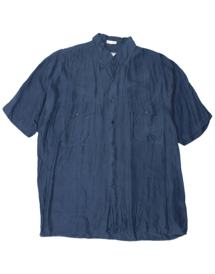 BRUGI Camisa de manga corta para hombre Large Seda azul marino