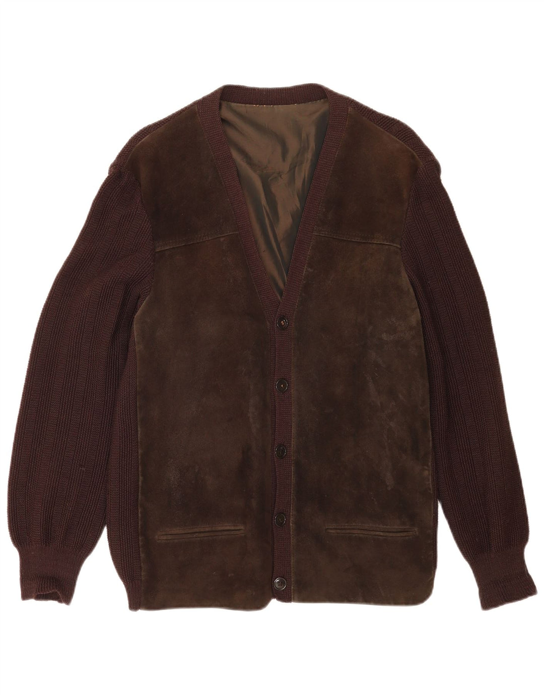 Vintage hombre cardigan suéter medio marrón colorblock