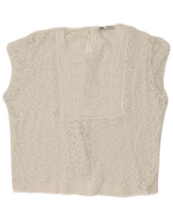 Zara Blusa Corta De Encaje Para Mujer Top UK 46 Large White