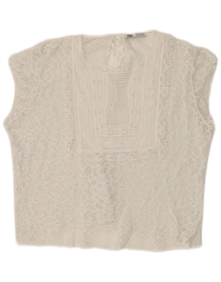Zara Blusa Corta De Encaje Para Mujer Top UK 46 Large White