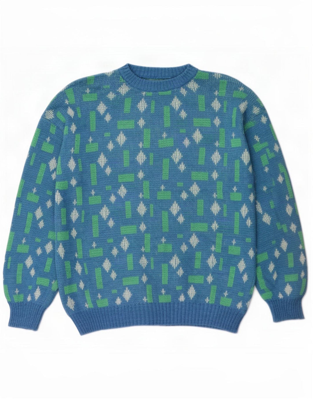 Vintage hombres cuello redondo jersey suéter grande azul geométrico