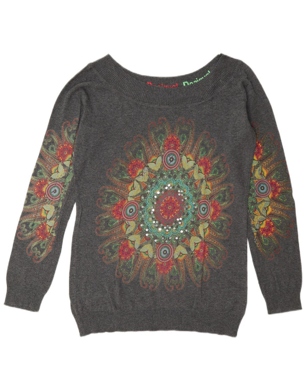 Desigual Mujer Gráfico Barco Cuello Jersey Suéter UK 18 XL Gris Paisley