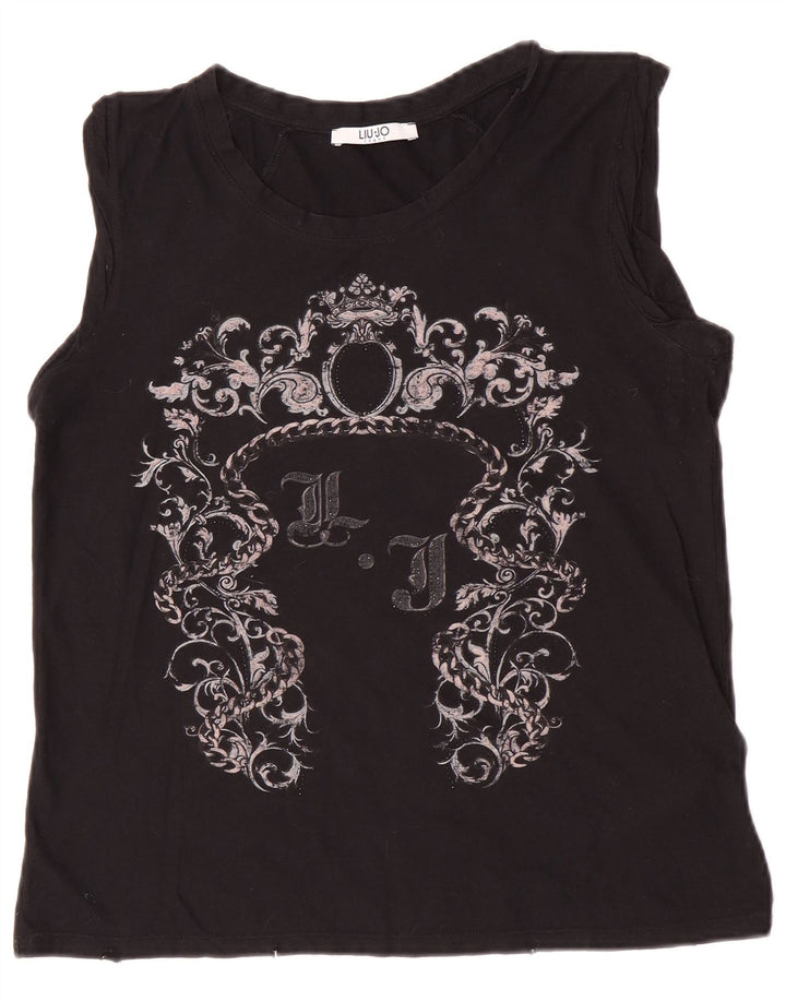 Liu Jo Mujer Gráfico Chaleco Top UK 10 Pequeño Algodón Negro