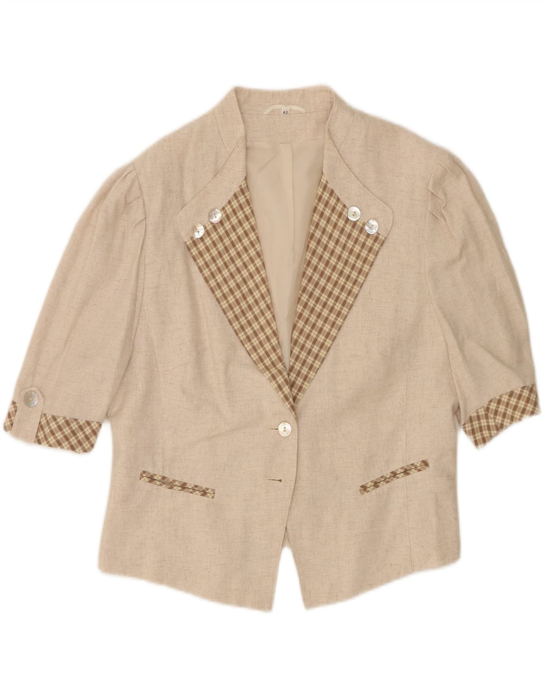 Vintage mujer 3/4 manga 2 botón Blazer chaqueta Reino Unido 16 viscosa beige grande