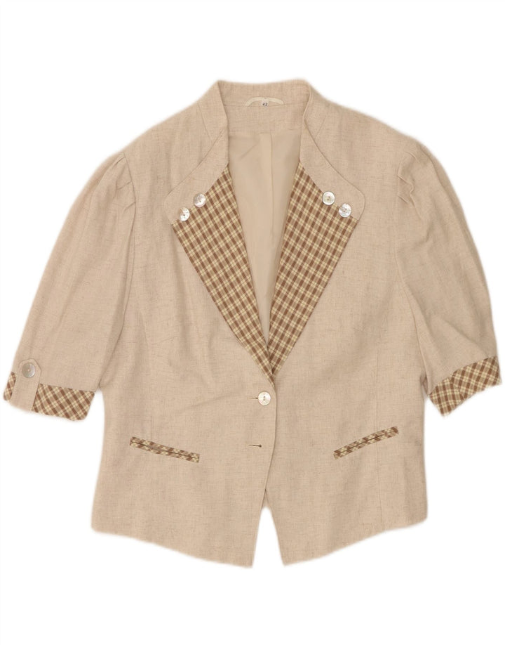 Vintage mujer 3/4 manga 2 botón Blazer chaqueta Reino Unido 16 viscosa beige grande