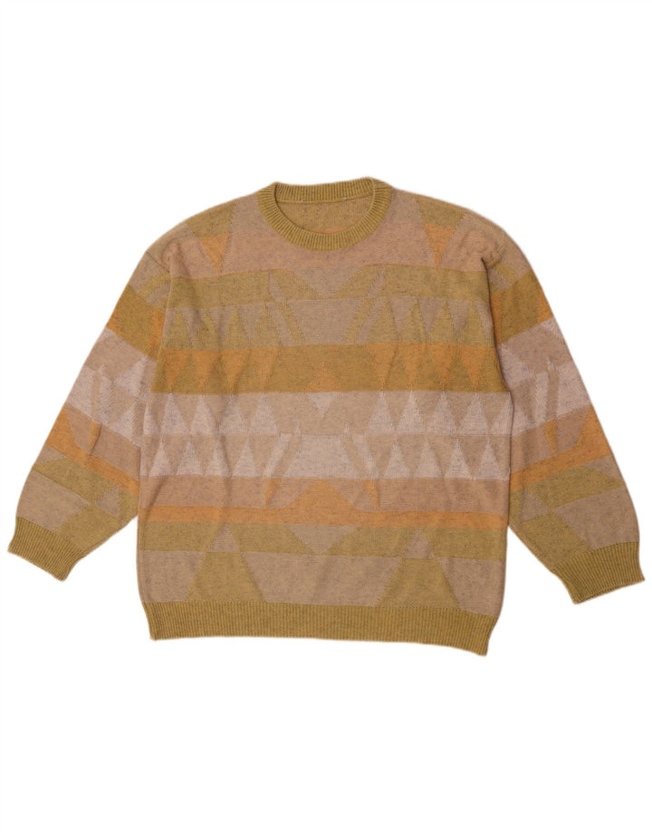 Vintage hombres cuello redondo jersey suéter medio verde geométrico