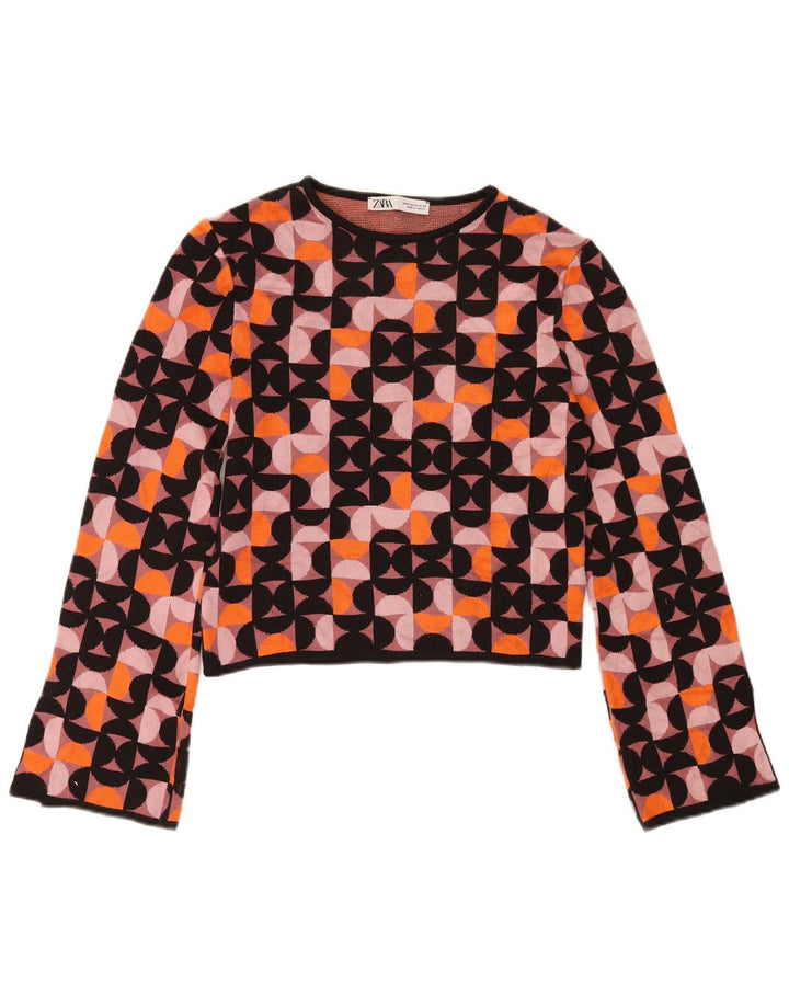 Zara Mujer Crop Top Manga Larga UK 42 Medio Multicolor Geométrico
