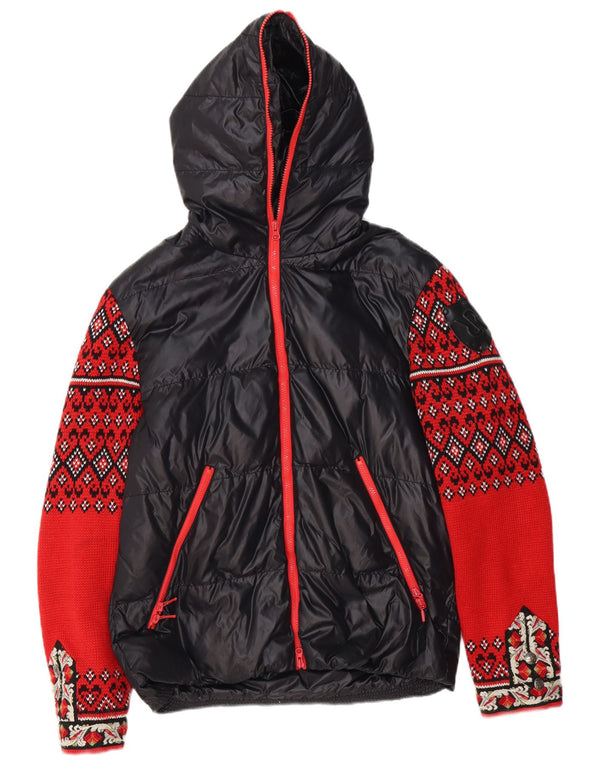 RA-RE Chaqueta acolchada con capucha de punto para mujer UK 46 Grande Nylon geométrico negro