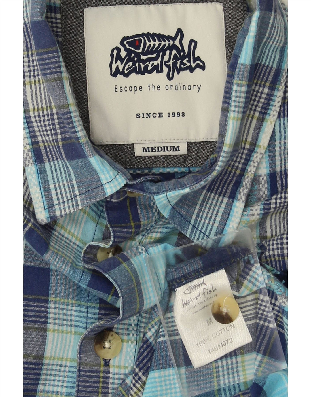 WEIRD FISH Mens Short Sleeve Shirt Medium Blue Check Cotton Vintage Weird Fish and Second-Hand Weird Fish from Messina Hembry 