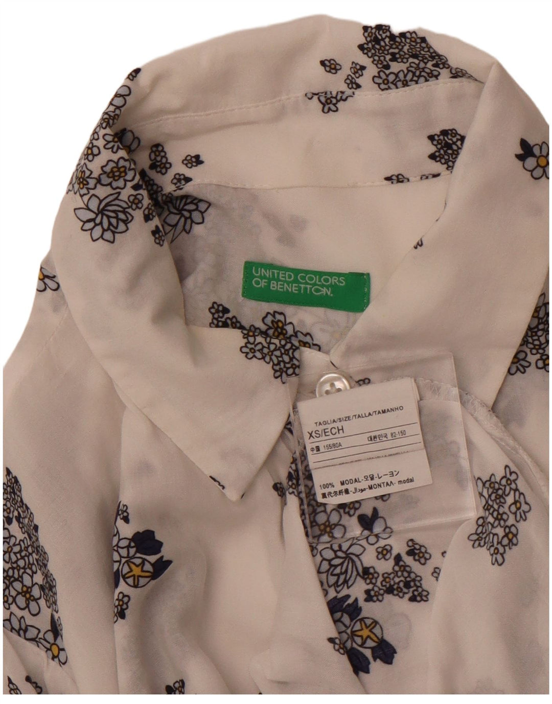 BENETTON Camisa transparente para mujer UK 6 XS Modal floral blanco