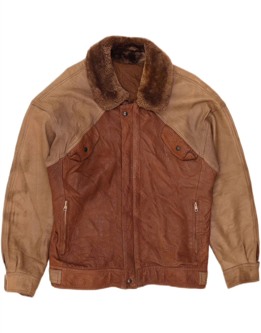 Chaqueta de cuero vintage para hombre IT 50 cuero color block marrón grande