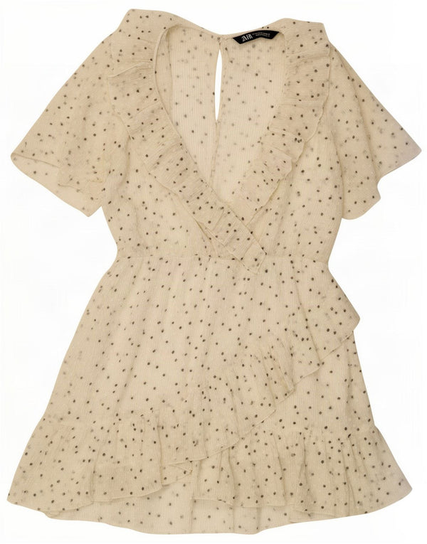 Zara Vestido Escalonado para Mujer UK 40 Medio Off White Poliéster Manchado