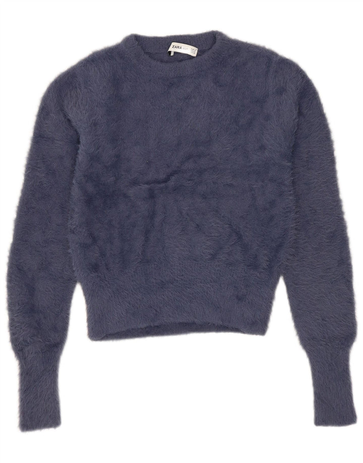 Zara - Jersey corto con cuello redondo para mujer, talla 40, nailon azul marino mediano