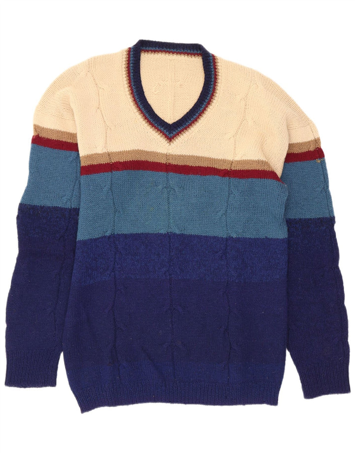 Vintage hombres V-cuello jumper suéter pequeño multicolor rayas