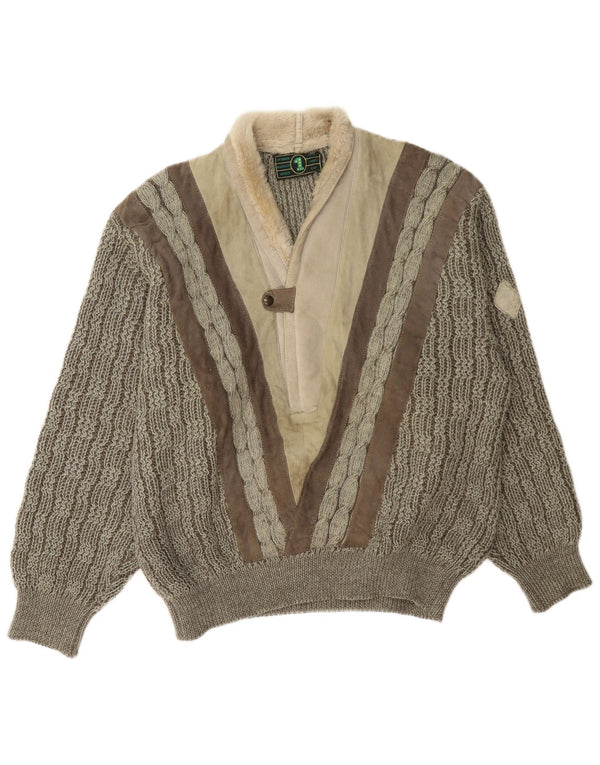 Vintage hombres chal cuello jumper suéter grande gris colorblock lana