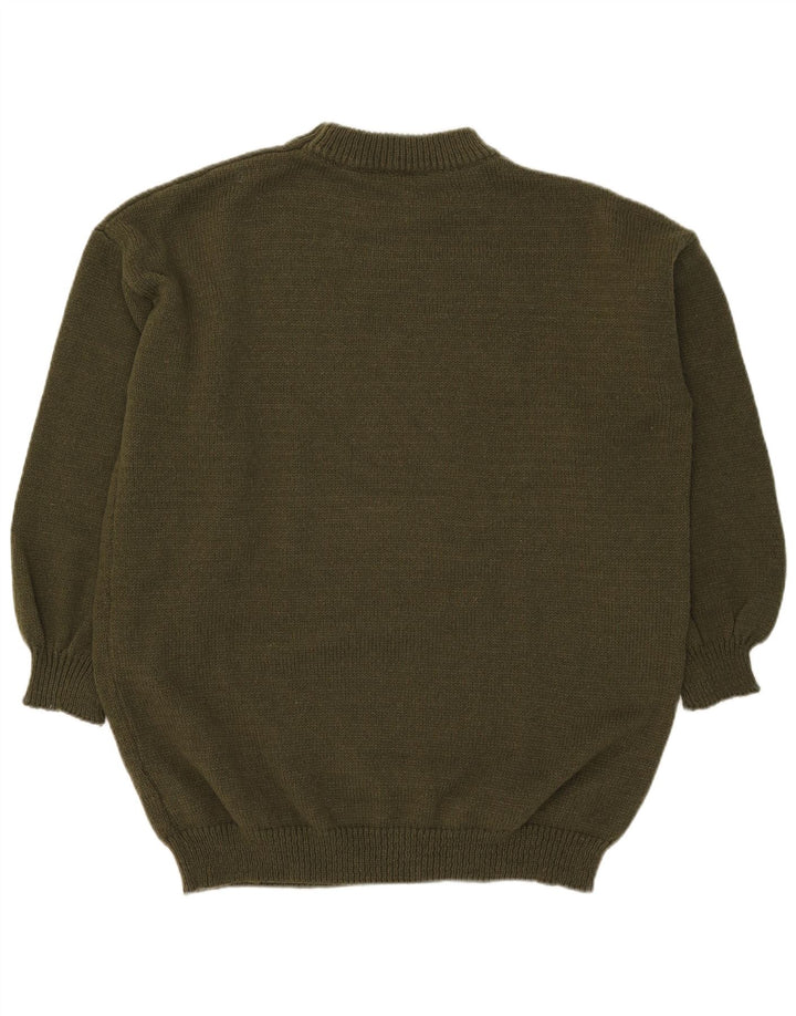 Vintage hombres cuello redondo jersey suéter grande caqui poliéster