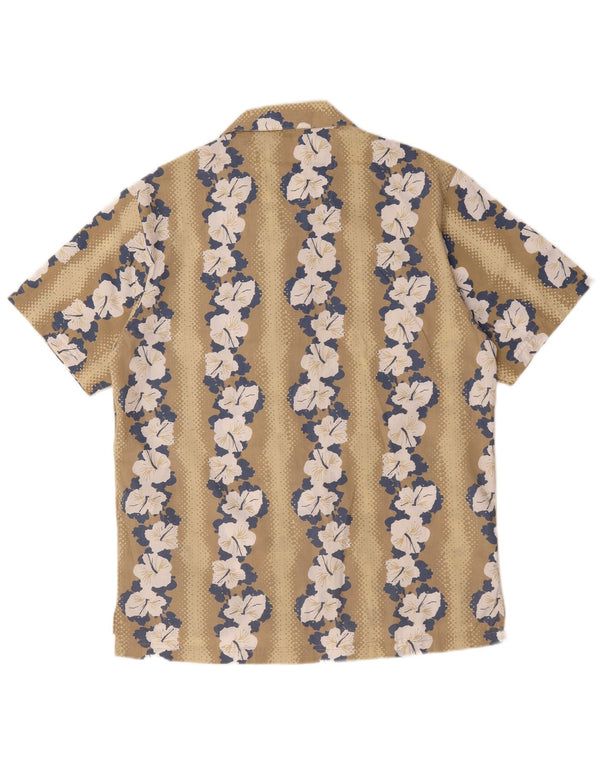 Vintage hombres hawaiano manga corta camisa medio beige floral poliéster