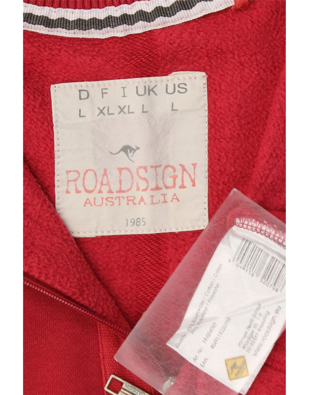 ROADSIGN AUSTRALIA Sudadera con cuello y cremallera para hombre Jumper Large Red Cotton