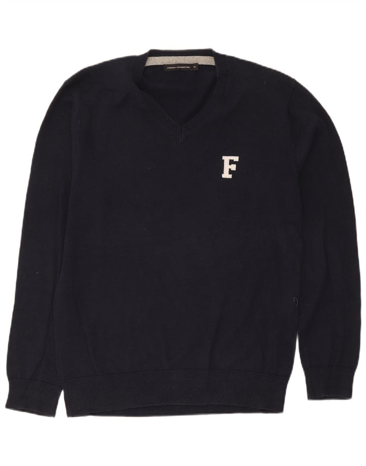 French Connection Jersey con Cuello en V para Hombre de algodón Azul Marino Mediano