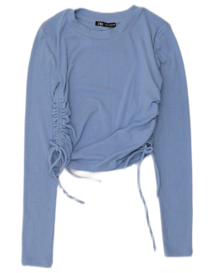 Zara Blusa Corta De Manga Larga Para Mujer UK 8 Small Azul
