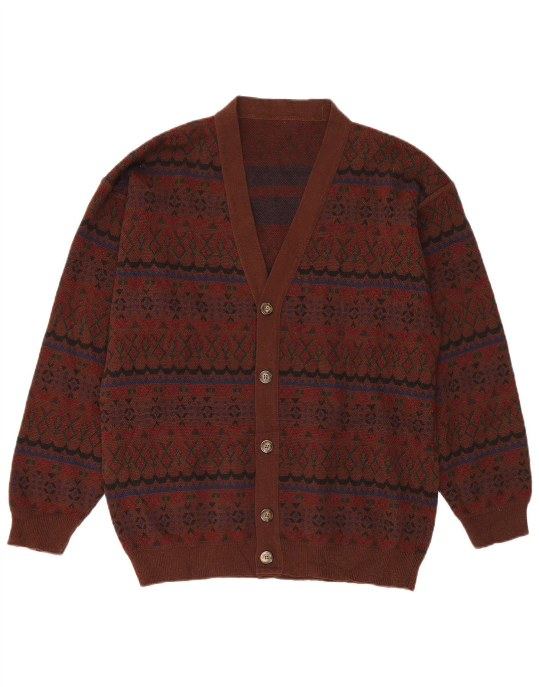 VINTAGE Hombres Cardigan Suéter XL Marrón Fair Isle Acrílico