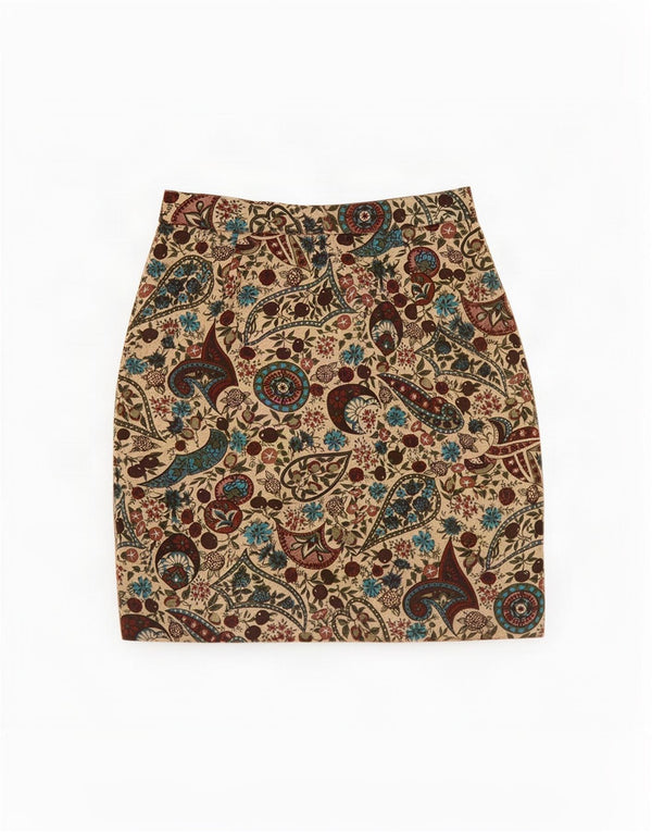 Falda lápiz vintage para mujer IT 40 Small W24 Brown Paisley Wool