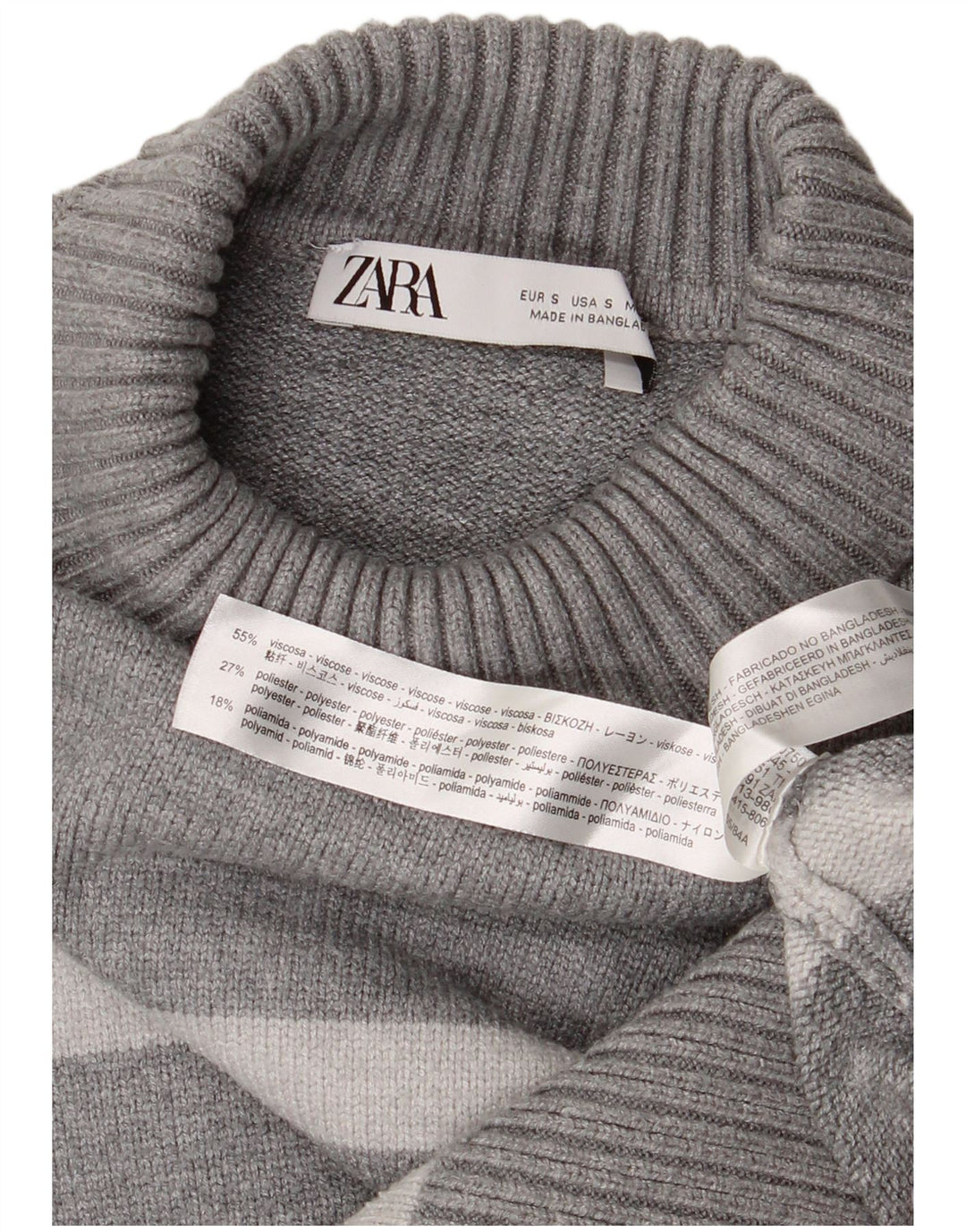 Zara Mujer Suéter De Cuello Alto De Gran Tamaño UK 10 Small Gris Rayas