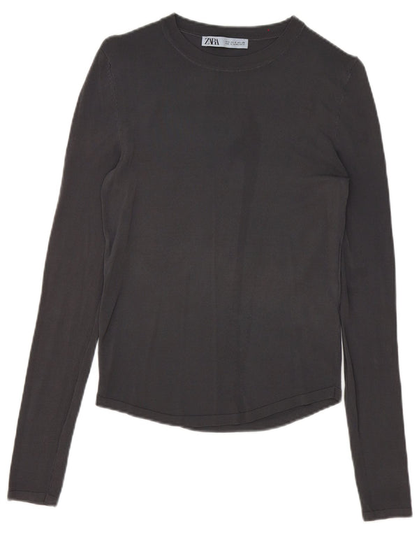 Zara Mujer Top Manga Larga UK 10 Small Gris Viscosa