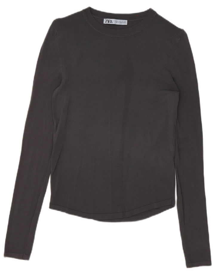 Zara Mujer Top Manga Larga UK 10 Small Gris Viscosa