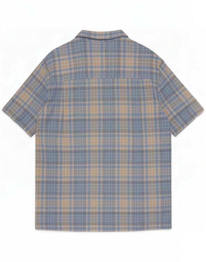 Chaps Camisa de manga corta para hombre de lino a cuadros azul grande